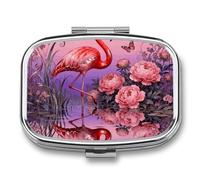 Pastillero Flamingo Peony Pond con espejo, 2 compartimentos, impermeable, para bolso, con agarre antideslizante, organizador de medicamentos de viaje, contenedor para vitaminas, aceite de pescado y s