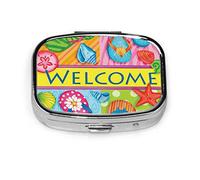 Pastillero Flip Flop Bienvenido en la playa de verano Pastillero de concha de mar para bolsillo o monedero Lindo pequeño contenedor de pastillas Organizador de pastillas de viaje