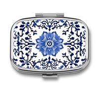 Pastillero floral geométrico azul y blanco con 2 compartimentos, organizador de pastillas de viaje para bolso de bolsillo