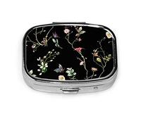 Pastillero fondo negro flores misterioso pastillero para bolsillo o monedero lindo pequeño pastillero contenedor viaje pastillero organizador
