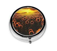 Pastillero girasol campo puesta de sol mar de flores impreso pastillero para monedero lindo pequeño organizador de pastillas redondo de viaje