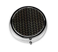 Pastillero Herringbone Faux Gold Foil Negro Pastillero geométrico Estuche para monedero Lindo pequeño organizador de pastillas redondo de viaje