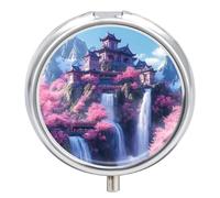 Pastillero japonés con 3 compartimentos, diseño de cascada, con diseño de edificio en las montañas, organizador de pastillas para bolsillo