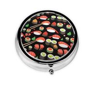 Pastillero japonés con estampado de camarones de sushi, mini pastillero redondo, pastillero portátil, organizador de medicamentos de viaje