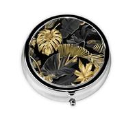 Pastillero Meta con 3 compartimentos y diseño de hojas tropicales doradas y negras, organizador portátil