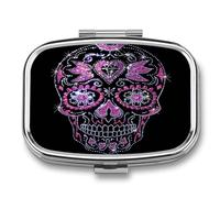 Pastillero Metálico Black And Silver Sugar Skull Pastillero Con 2 Compartimentos Con Espejo, Dispensador Cuadrado Portátil A De Humedad, Caja De Almacenamiento
