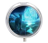 Pastillero Metálico Lobo Lunar De Ciencia Ficción Pastillero 3 Rejillas Con Espejo Distribuidor Redondo Portátil A De Humedad Caja De Almacenamiento Regalo Único