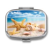 Pastillero Metálico Starfish And Seashells On The Beach Pastillero Con 2 Compartimentos Con Espejo, Dispensador Cuadrado Portátil A De Humedad, Caja De Almacenamiento