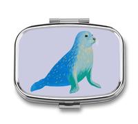 Pastillero minimalista de león marino verde y azul con 2 compartimentos, organizador de pastillas de viaje para bolso de bolsillo