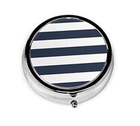 Pastillero moderno azul marino y rayas blancas pastillero para monedero lindo pequeño organizador de pastillas redondo de viaje