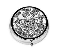 Pastillero moderno blanco y negro Floral Mandala ilustración pastillero para monedero lindo pequeño organizador de pastillas redondo de viaje