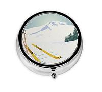 Pastillero montañas y equipo de esquí nieve personalizado viaje pastillero redondo pastillero decorativo Metal medicina vitamina caja organizadora