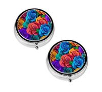 Pastillero multicolor con estampado de rosas con 3 compartimentos, portátil, para bolsillo o bolso, organizador de píldoras, organizador de vitaminas de metal decorativo, regalo único