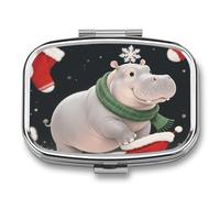 Pastillero navideño con forma de hipopótamo y espejo, 2 compartimentos, impermeable, para bolso, con agarre antideslizante, organizador de medicamentos de viaje, contenedor para vitaminas, aceite de