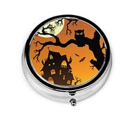 Pastillero negro árbol búho cabeza de calabaza castillo impreso pastillero para monedero lindo pequeño organizador de pastillas redondo de viaje