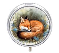 Pastillero organizador de viaje pequeño, con estampado de zorro durmiendo, redondo, bonito pastillero de metal, 3 compartimentos, portátil, diario, para bolso y bolsillo