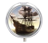 Pastillero organizador de viaje pequeño, diseño de barco pirata, redondo, bonito pastillero de metal, 3 compartimentos, portátil, diario, para bolso y bolsillo