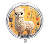 Pastillero organizador de viaje, pequeño pastillero, diseño de alpaca de dibujos animados, redondo, bonito pastillero de metal, 3 compartimentos, portátil, diario, para bolso y bolsillo