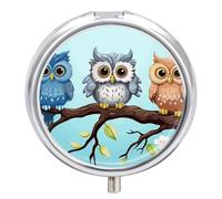 Pastillero organizador de viaje, pequeño pastillero, diseño de búhos en una rama, redondo, bonito pastillero de metal, 3 compartimentos, portátil, diario, para bolso y bolsillo