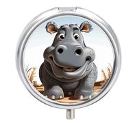 Pastillero organizador de viaje, pequeño pastillero, diseño de hipopótamo de dibujos animados, redondo, bonito pastillero de metal, 3 compartimentos, portátil, para tableta diaria para bolso y