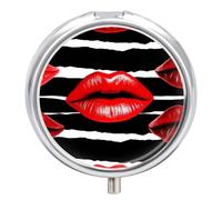 Pastillero organizador de viaje, pequeño pastillero, diseño de labios rojos, redondo, bonito pastillero de metal, 3 compartimentos, portátil, diario, para bolso y bolsillo