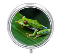 Pastillero organizador de viaje, pequeño pastillero, diseño de rana de animales, hojas verdes, redondo, bonito pastillero de metal, 3 compartimentos, portátil, para tableta diaria para bolso y