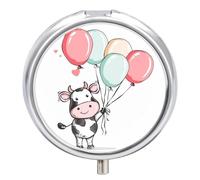 Pastillero organizador de viaje, pequeño pastillero, estampado de globo y vaca, redondo, bonito pastillero de metal, 3 compartimentos, portátil, diario, para bolso y bolsillo