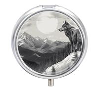 Pastillero organizador de viaje, pequeño pastillero, estampado de lobo solitario de montaña de nieve, redondo, bonito pastillero de metal, 3 compartimentos, portátil, para tableta diaria para bolso y