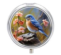 Pastillero organizador de viaje, pequeño pastillero, estampado de pájaros azules orientales, redondo, bonito pastillero de metal, 3 compartimentos, portátil, para tableta diaria para bolso y bolsillo