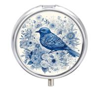 Pastillero organizador de viaje, pequeño pastillero, estampado de pájaros azules y flores, redondo, bonito pastillero de metal, 3 compartimentos, portátil, para tableta diaria para bolso y bolsillo