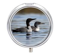 Pastillero organizador de viaje, pequeño pastillero, estampado de pájaros loon, redondo, bonito pastillero de metal, 3 compartimentos, portátil, diario, para bolso y bolsillo