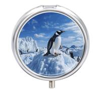Pastillero organizador de viaje, pequeño pastillero, estampado de pingüino de montaña de nieve, redondo, bonito pastillero de metal, 3 compartimentos, portátil, para tableta diaria para bolso y