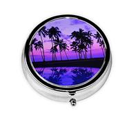 Pastillero palmera puesta de sol púrpura personalizado viaje pastillero redondo pastillero decorativo Metal medicina vitamina caja organizadora
