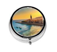 Pastillero para llevar puesta de sol en Barcelona, pastillero redondo portátil, cabe en el bolsillo de tu bolso, pastillero ligero de 3 compartimentos,
