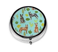 Pastillero Pastillero australiano Perro azul y rojo Heelers Cactus Tinte azul Pastillero Estuche para monedero Pequeño lindo Organizador de pastillas redondo de viaje