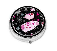 Pastillero Patrón navideño con cerdo rosa Pastillero para monedero Lindo pequeño viaje Organizador de pastillas de forma redonda