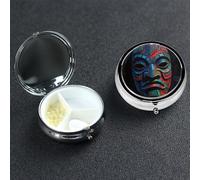 Pastillero pequeño con 3 compartimentos de metal para bolso o bolsillo, pastillero portátil 3D, colorido patrón de máscara Tiki, organizador de medicamentos para vitaminas, aceite de pescado