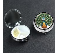Pastillero pequeño con 3 compartimentos de metal para bolso o bolsillo, pastillero portátil de viaje, organizador de medicamentos de pavo real de dibujos animados para vitaminas, aceite de pescado