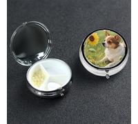 Pastillero pequeño con 3 compartimentos de metal para bolso o bolsillo, pastillero portátil, pastillero, chihuahua, perro, girasoles, organizador de medicamentos para vitaminas, aceite de pescado