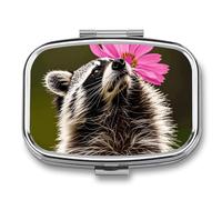 Pastillero pequeño con diseño de rosas, mapache, para bolsillo, 3 compartimentos, organizador de píldoras de medicina, portátil, pastillero de viaje de metal, para guardar vitaminas, suplementos de