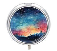Pastillero pequeño con espejo, organizador de píldoras redondo de 3 compartimentos para bolso o bolsillo, soporte de metal para medicamentos, pastillero de regalo de viaje, horizontes nocturnos de
