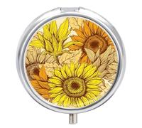 Pastillero pequeño con espejo, organizador redondo de 3 compartimentos para bolso o bolsillo, soporte de metal para medicamentos, pastillero de regalo de viaje, flor de otoño, girasol amarillo y