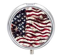 Pastillero pequeño con espejo, organizador redondo de 3 compartimentos para bolso o bolsillo, soporte metálico para medicamentos, pastillero para regalos de viaje, banderas vintage de Estados Unidos