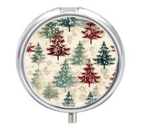 Pastillero pequeño con espejo, organizador redondo de 3 compartimentos para bolso o bolsillo, soporte de metal para medicamentos, pastillero de regalo de viaje, árbol de Navidad retro verde rojo