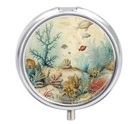 Pastillero pequeño con espejo, organizador redondo de 3 compartimentos para bolso o bolsillo, soporte de medicamentos de metal, pastillero, regalos de viaje, pintura vintage de elementos costeros del