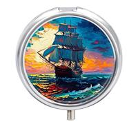 Pastillero pequeño con espejo, organizador redondo de 3 compartimentos para bolso o bolsillo, soporte de medicamentos de metal, pastillero, regalo de viaje, barco de vela azul mar por la noche pintura