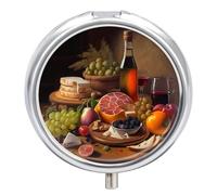 Pastillero pequeño con espejo, organizador redondo de 3 compartimentos para bolso o bolsillo, soporte de medicamentos de metal, pastillero, regalo de viaje, fruta fresca y comida sobre la mesa