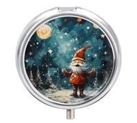 Pastillero pequeño con espejo, organizador redondo de 3 compartimentos para bolso o bolsillo, soporte de medicamentos de metal, pastillero, regalos de viaje, diseño de Papá Noel y horizonte nocturno