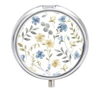 Pastillero pequeño con espejo, organizador redondo de 3 compartimentos para bolso o bolsillo, soporte de metal para medicamentos, pastillero de regalo de viaje, acuarela azul y amarillo flor de