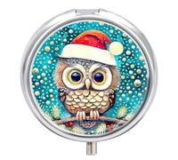 Pastillero pequeño con espejo, organizador redondo de 3 compartimentos para bolso o bolsillo, soporte de medicamentos de metal, pastillero, regalo de viaje, búho con sombrero de Papá Noel